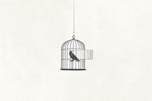 Illustration of bird in an open cage, surreal abstract concept