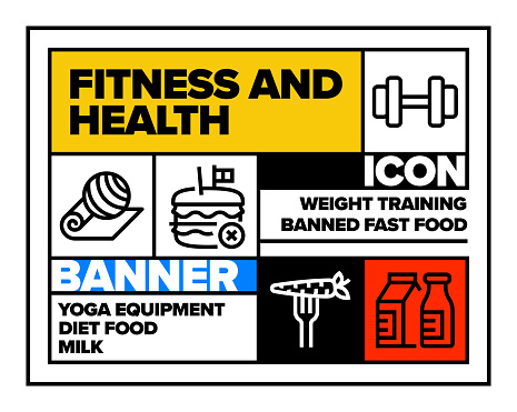 Fitness and Healthcare Line Icon Set and Banner Design