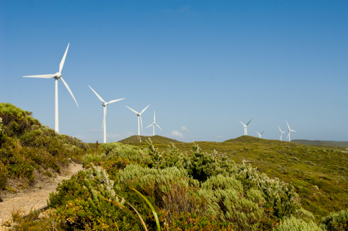 A row of turbines on a wind farm in Western Australia.