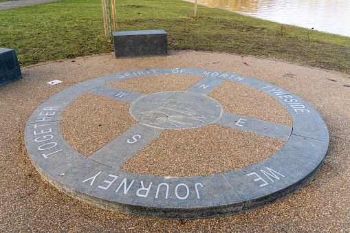 Killingworth, United Kingdom – February 11, 2023: Covid-19 memorial compass at Lakeside Park in the New Town of Killingworth, North Tyneside, UK, one of 5 in the borough.