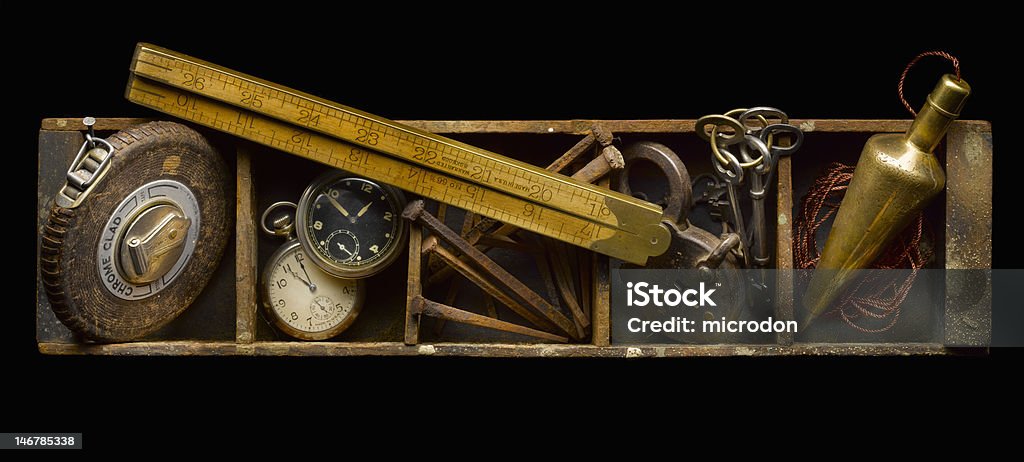 Antique box with tools Wood box-tray, with antique tools on black Shadow Box Stock Photo