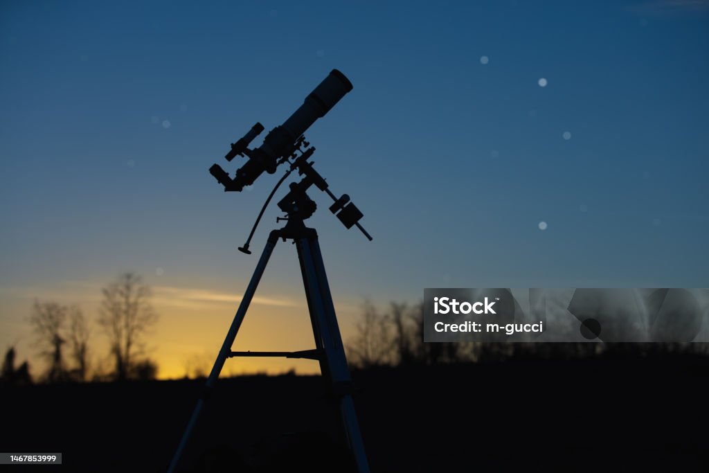 Astronomical telescope and equipment for observing stars, Milky way, Moon and planets. Telescope Stock Photo