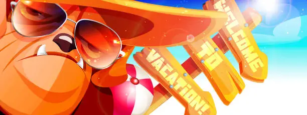 Vector illustration of Beach holiday concept in cartoon style. Sunbathing bulldog in a hat on the beach with an old wooden signboard with a direction in the background.