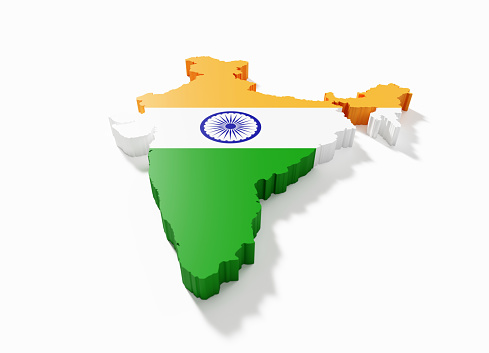 Geographical border of India textured with  Indian flag on white background. Horizontal composition with clipping path.