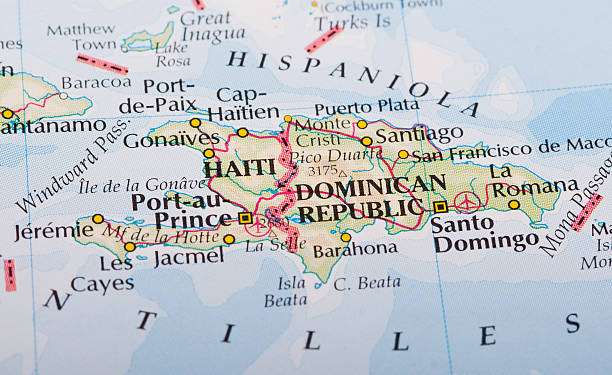 Haiti and Dominican Republic map Haiti and Dominican Republic map on the World's Atlas dominican republic map stock pictures, royalty-free photos & images