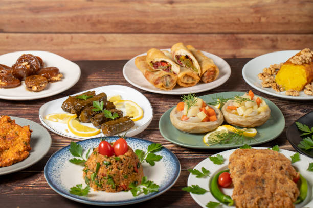 Ramadan table. Turkish food on wooden background. Iftar and sahur delicacies. Turkish oriental dishes. Types of appetizers. close up stock photo