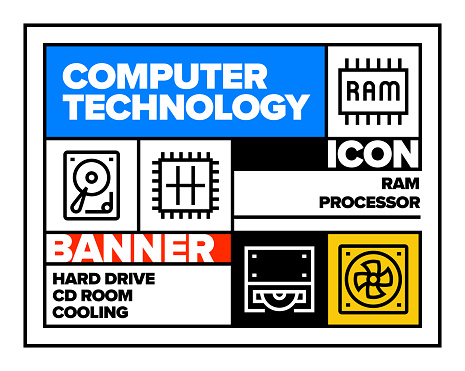 Computer Technology Line Icon Set and Banner Design
