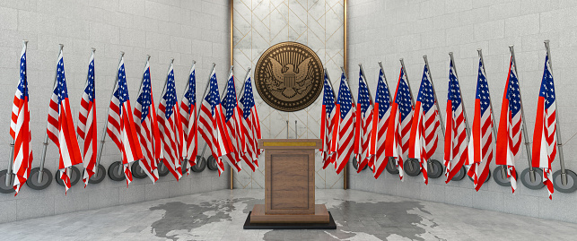United States Parliament Concept American Flag in a Row with a Empty Wooden Wall. Press Conference in Government Building. 3D Render
