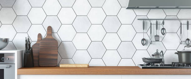 istock Modern Kitchen Counter with Tiles and Kitchen Utensil 1467861208