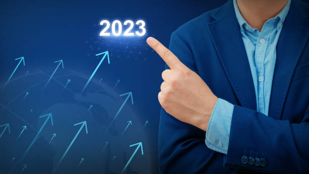 istock Development of business and growth in 2023. Global network and data exchange in the hands of man. Planning tasks and business strategy 1467861426