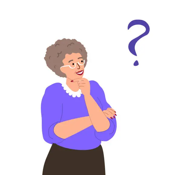 Vector illustration of Pensive Elderly Retired Woman.Old Forgetful Senior Character Thinking,Alzheimer Disease.Confused Grandmother Forget and Trying Remember.Elderly Woman has Psychological Problem.Troubled Worried Person