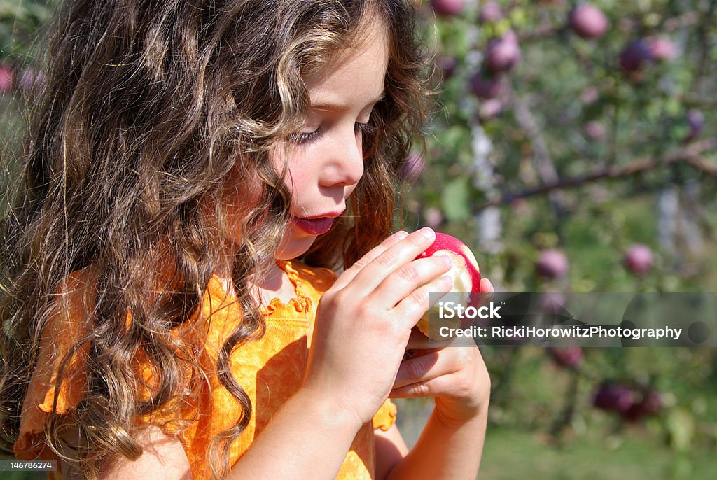 Menina comer maçã orgânica no Pomar - Royalty-free Agricultura Foto de stock