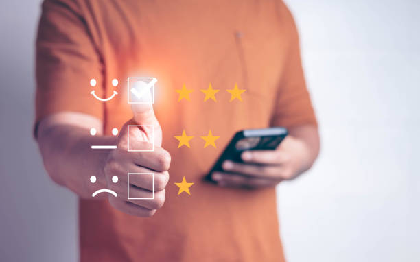 istock Man giving rating with happy icon, Customer satisfaction service concept. 1467864405