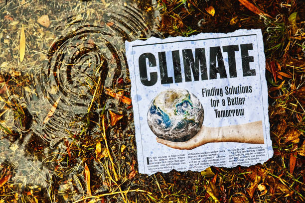 titular de periódico y artículo sobre el cambio climático en una marisma lluviosa - simplicity sparse contrasts single word fotografías e imágenes de stock