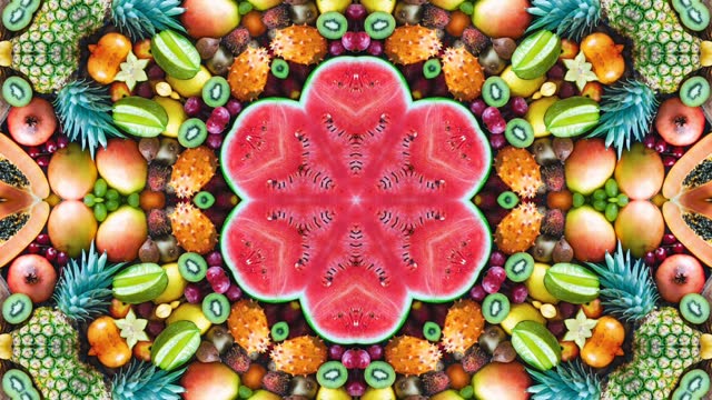 Animated footage of fruit kalaedoscope mandala