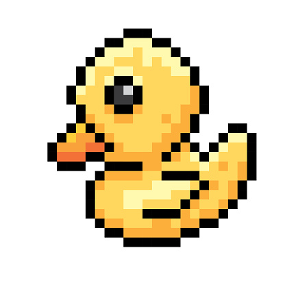 Yellow duck pixel style isolated on white background