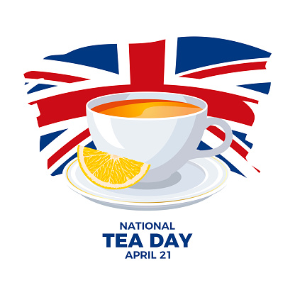 Abstract grunge Flag of the United Kingdom design element. Cup of tea with lemon icon vector. April 21 every year