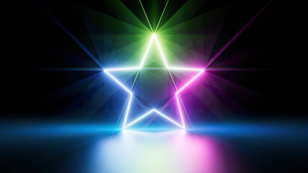 istock 3d render, abstract neon background with colorful star glowing in the dark. Simple linear symbol. Minimalist geometric wallpaper 1467867720