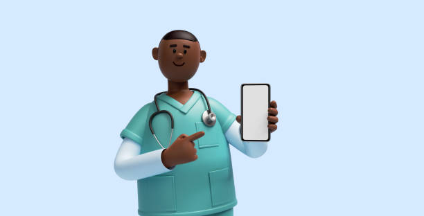 3d render, african young man, nurse cartoon character wears mint green shirt, holds smart phone with blank screen. Hospital support. Health care online consultation. Medical application concept renderizado 3d, joven africano, personaje de dibujos animados de enfermería vestido con camisa verde menta, sostiene el teléfono inteligente con pantalla en blanco. apoyo hospitalario. consulta en línea de atención médica. concepto de aplicación méd