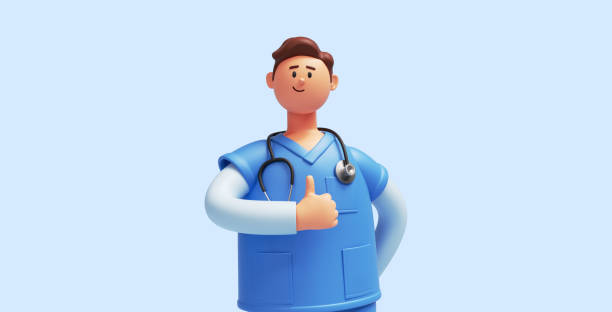 render 3d, młody mężczyzna rasy kaukaskiej, postać z kreskówki pielęgniarka nosi niebieską koszulę, patrzy w kamerę, pokazuje kciuki w górę, jak gest. wsparcie opieki zdrowotnej. medyczny clipart, koncepcja zatwierdzenia - charaktery zdjęcia i obrazy z banku zdjęć