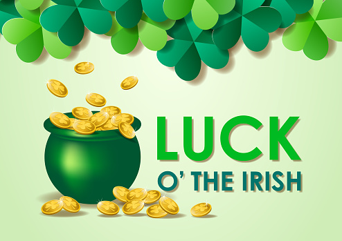 Celebrate St. Patrick's Day with lucky pot of gold with gold coins spraying out and spreading on ground on the green background with shamrocks
