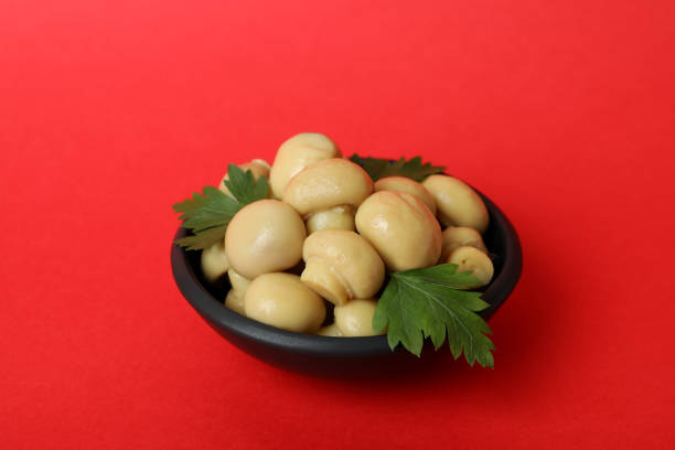 Bowl of marinated mushrooms on red background