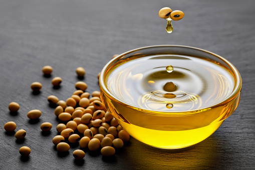 soybean oil dripping from flying beans in glass bowl and dry soy seeds on black stone background