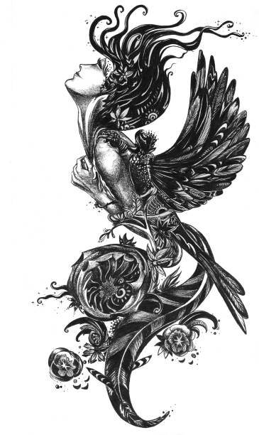 Bird Woman Pencil drawing bird woman creature. women flying bird freedom stock illustrations