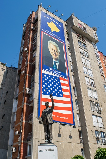 Pristina – July 16, 2022: The Bill Clinton Memorial, found in Bill Clinton Boulevard in Pristina, Kosovo thanking for his help during the war against Serbia in 1998-1999.