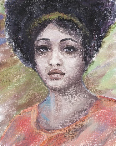 Picturesque portrait of a dark-skinned woman of mixed ethnicity with thick black hair in a retro style on an abstract background