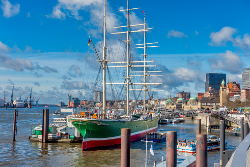 Glasgow, UK - July 22, 2017: The historic Glenlee sailing ship along the Riverside Museum  in Glasgow, Scotland. The Riverside Museum is the Museum of Transport in Scotland.