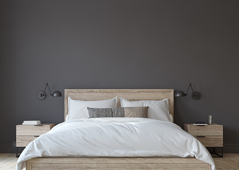 Scandinavian bedroom with dark wall. Interior mockup. 3d render.