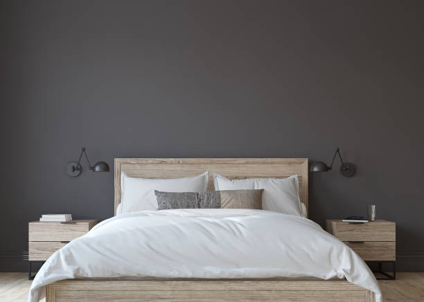 Scandinavian bedroom. Bedroom with the dark wall. 3d render. stock photo