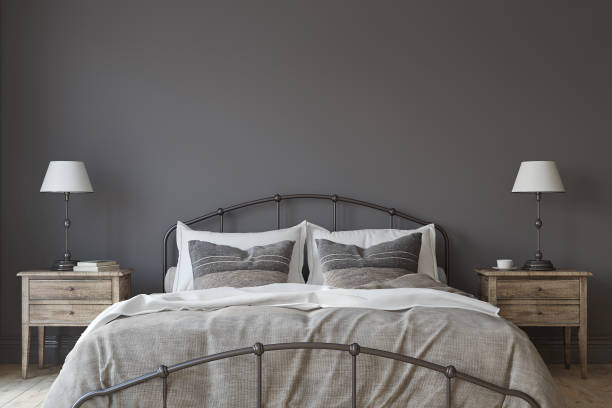 Modern farmhouse bedroom. 3d render.