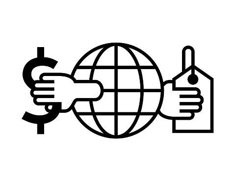 Single color isolated icon of a dollar sign and a product label held by hands either side of a globe