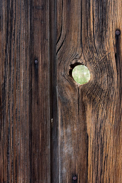 istock peephole - weathered wood background with a knothole 146787600