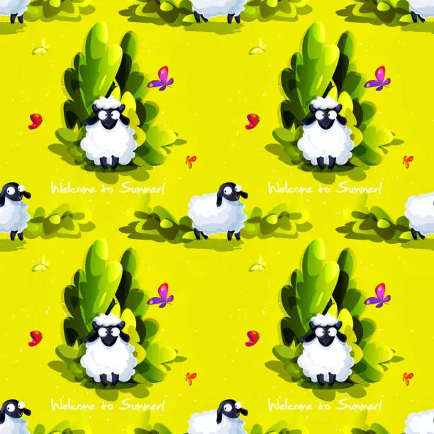 Vector illustration of Country summer concept in cartoon style. Grazing cartoon sheep with lush foliage with butterflies on a colorful abstract background. Seamless creative pattern.