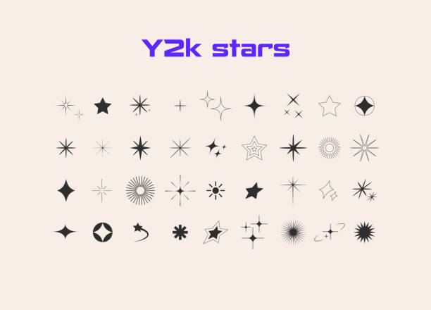 illustrazioni stock, clip art, cartoni animati e icone di tendenza di stile y2k estetico. icone stella, bling, starburst, scintillanti. retro futuristico. vettore - sparks