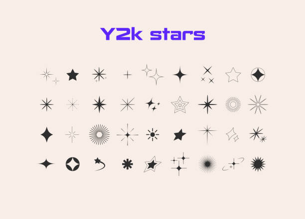 aesthetic y2k style. star, bling, starburst, sparkle icons. retro futuristic. vector - kıvılcım stock illustrations