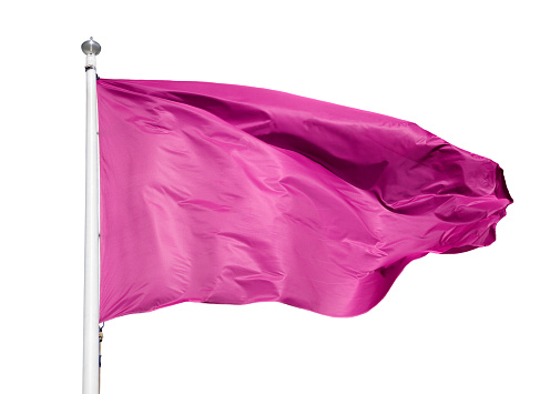 Close up of pink flag with white background and copy space