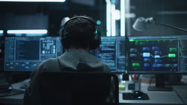 System Administrator Working in a Dark Research Facility on a Computer with Multiple Displays. Software Developer in Casual Clothes Wearing Headphones and Updating Server System Database