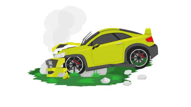 Vector illustration of Vector or Illustration of of road accidents. Yellow car collided with the large boulders on the green grass.