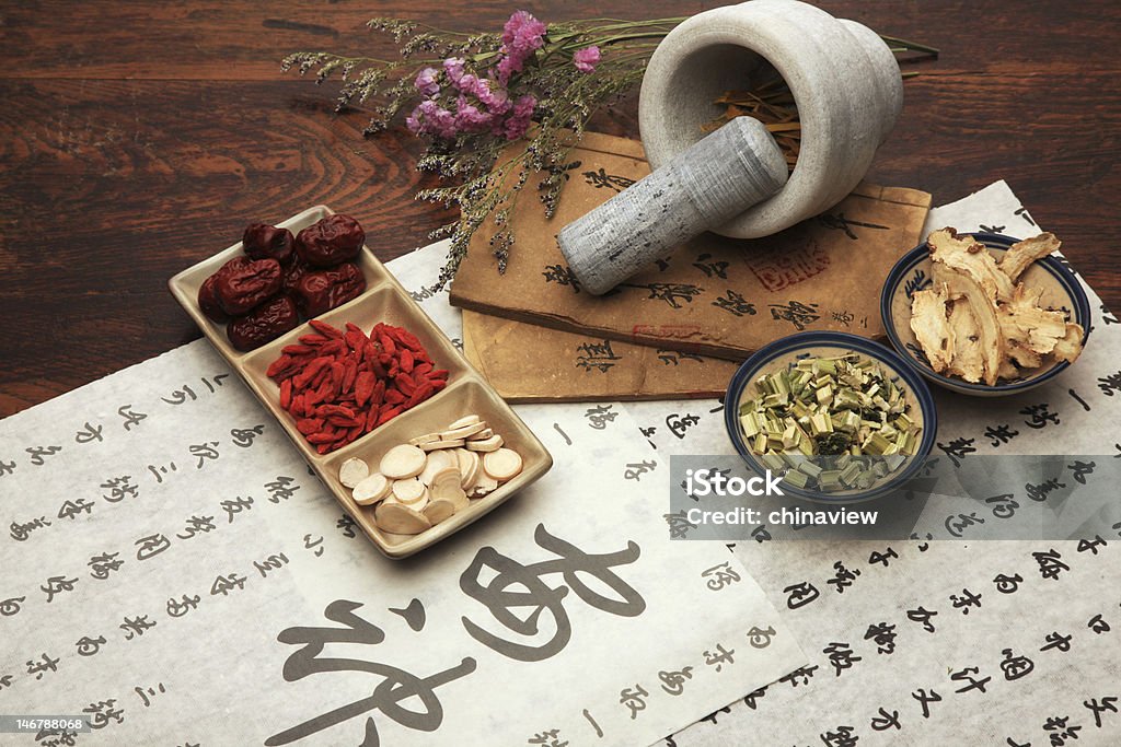 A set of Chinese herbal medicine and tea set Chinese herbal medicine and tea set,still life Chinese Herbal Medicine Stock Photo