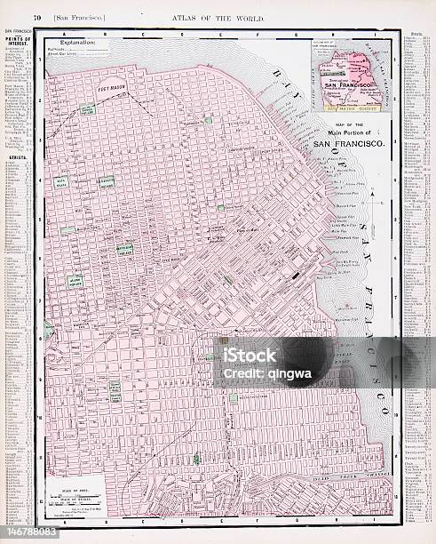Подробные Старинные Цвет Street Карта Города Санфранциско Калифорния Сша — стоковая векторная графика и другие изображения на тему Сан-Франциско - Калифорния