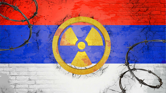 Russian flag and nuclear bombs concept. Russia flag with chemical weapons symbol.