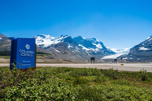 Alberta, Canada - June 28 2021 : Columbia Icefield Glacier in 2021 summer. Jasper National Park. Canadian Rockies.