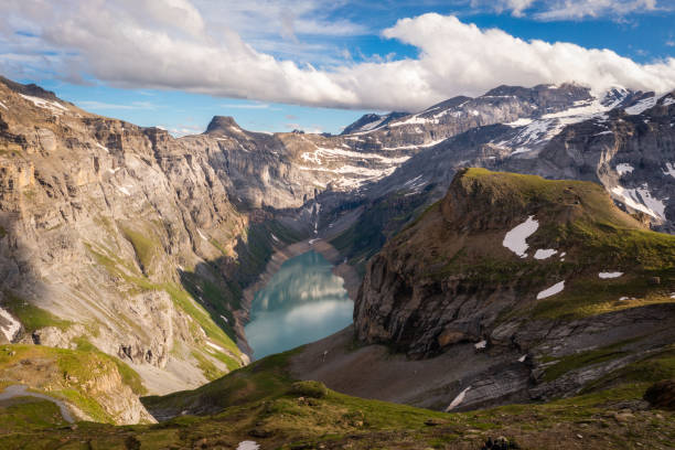 istock A mountain lake from above, under cloudy sky 1467882249