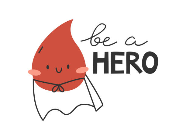 illustrations, cliparts, dessins animés et icônes de goutte de sang personnage de super-héros et être une illustration de lettrage de héros - don du sang