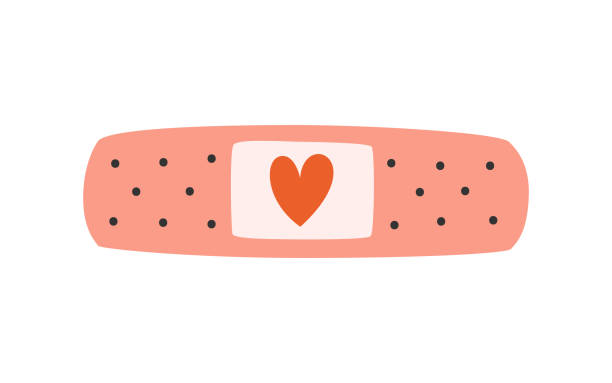 Adhesive plaster with heart illustration Hand drawn cute illustration of adhesive plaster with heart. Flat vector transfusion and blood donation concept in colored doodle style. Donor, medicine icon or print. Isolated on white background. feeling sick clip art stock illustrations