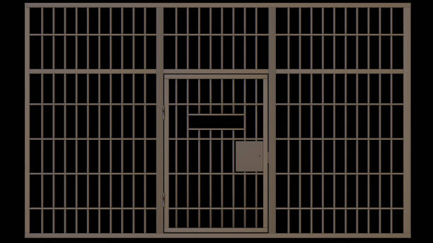 刑務所の金属棒、閉じた独房のドア。3D刑務所の独房、鉄の刑務所の檻。犯罪、罰、恩赦のコンセプト。